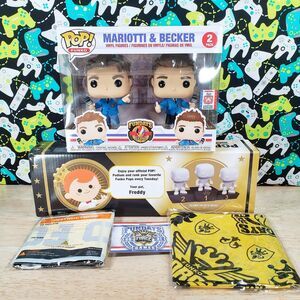 Funko PoP Mariotti & Becker 2 Pack + Pop Podium + BamBams + Pin + Fundays Cloth